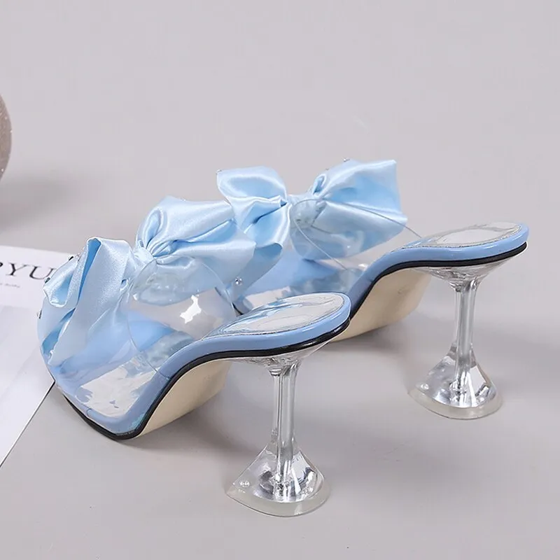 Macy Slippers 2023 New Fashion Crystal Bow High Heels Slippers Shoes Woman Sexy PVC Transparent Sandals Women Slides Open Toe Pumps Blue Black