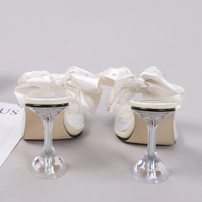 House Shoes Slippers 2023 New Fashion Crystal Bow High Heels Slippers Shoes Woman Sexy PVC Transparent Sandals Women Slides Open Toe Pumps Blue Black