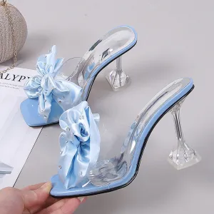 Sobel Slippers 2023 New Fashion Crystal Bow High Heels Slippers Shoes Woman Sexy PVC Transparent Sandals Women Slides Open Toe Pumps Blue Black