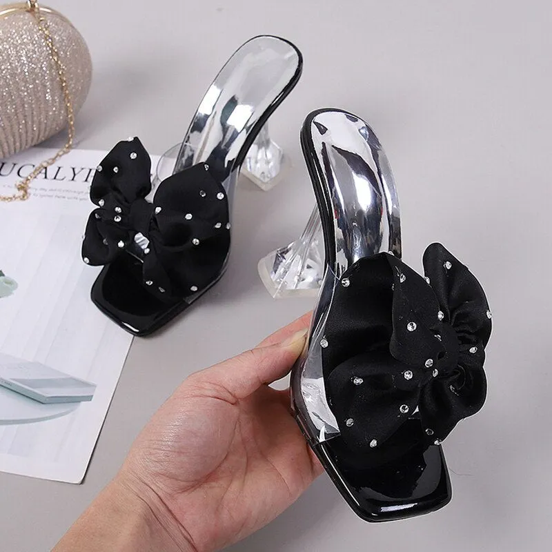 2023 New Fashion Crystal Bow High Heels Slippers Shoes Woman Sexy PVC Transparent Sandals Women Slides Open Toe Pumps Blue Black Slippers Eu Size
