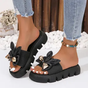 Gengar House Slippers 2024 Summer Casual Fashion Round Toe Flat Solid Color Comfortable Open Toe Metal Decorated Non-Slip Women's Slippers