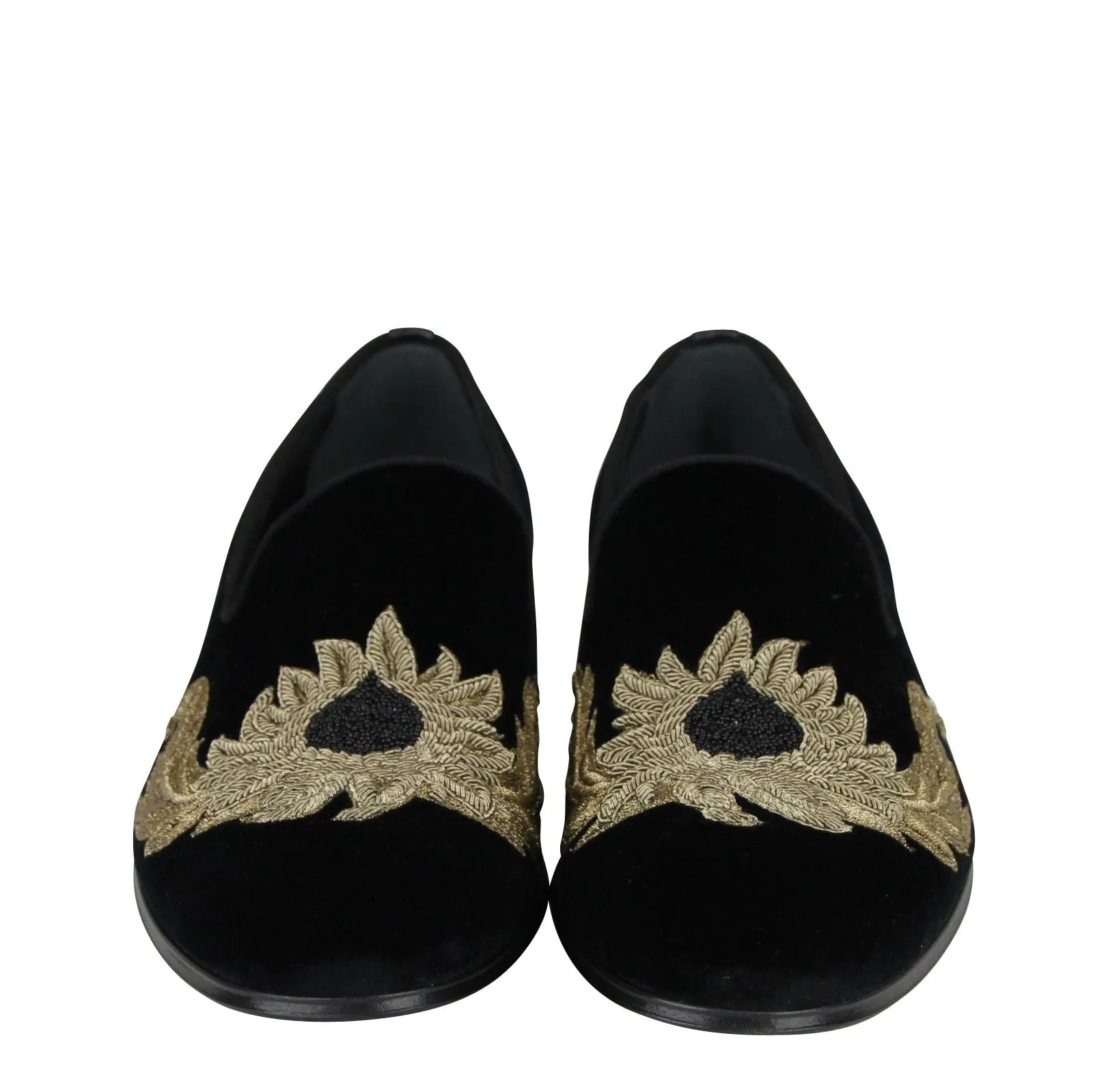 Alexander McQueen Alexander McQueen Men's Gold Embroidered Detail Black Velvet Slip On Shoes Platforms Loafers