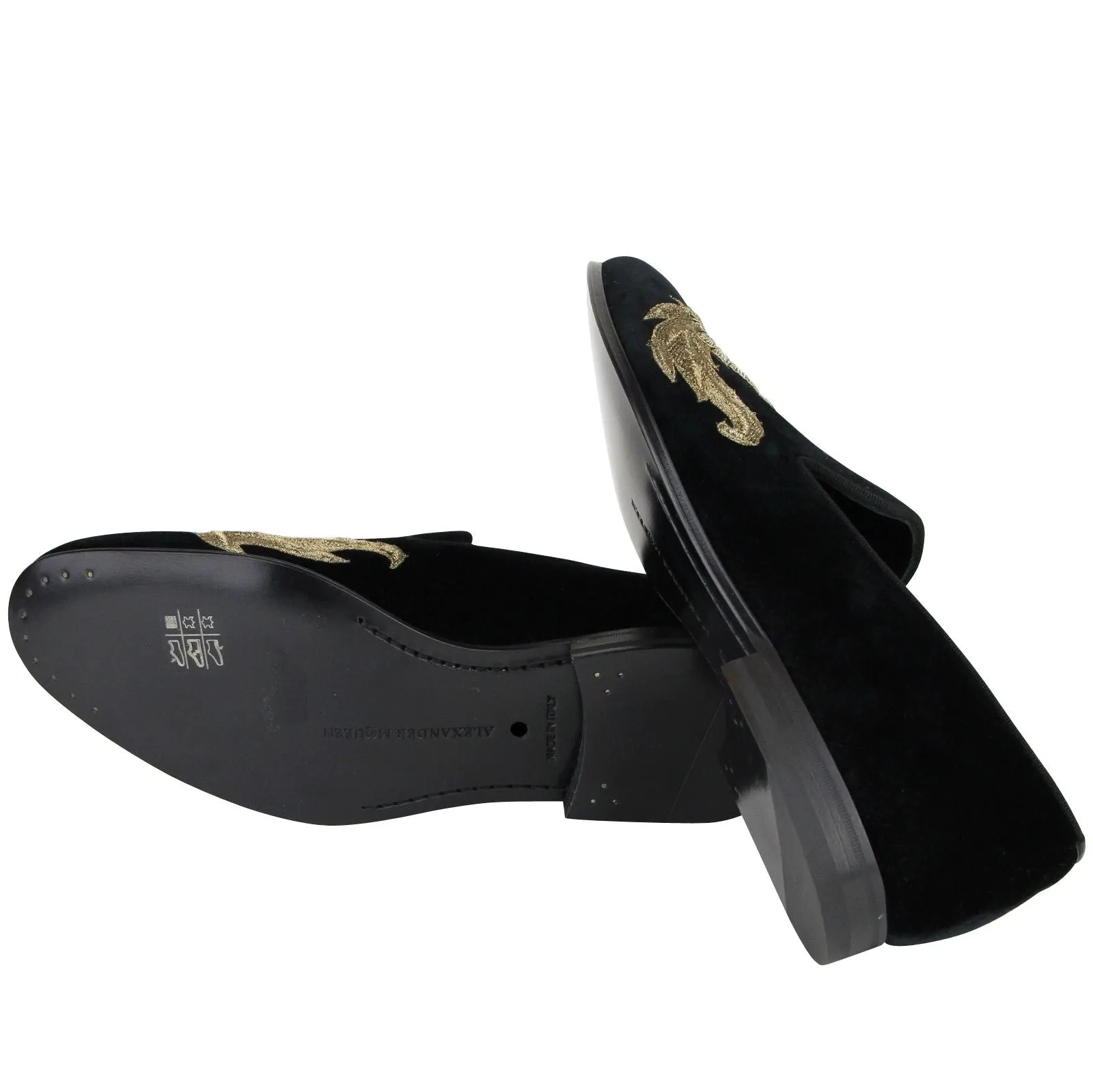 Patent Leather Loafers Wedge Alexander McQueen Alexander McQueen Men's Gold Embroidered Detail Black Velvet Slip On Shoes