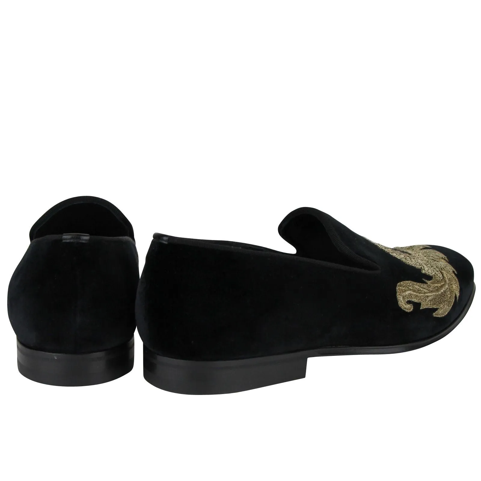 Alexander McQueen Alexander McQueen Men's Gold Embroidered Detail Black Velvet Slip On Shoes Whitney Loafers