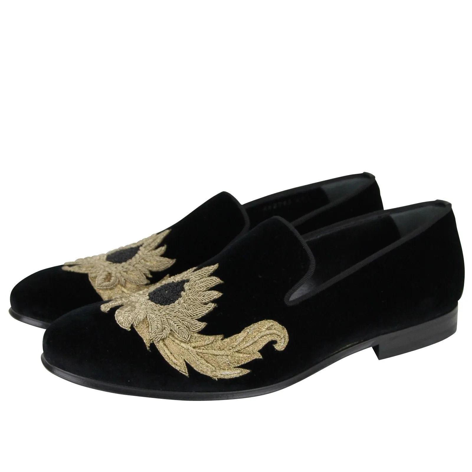 Alexander McQueen Alexander McQueen Men's Gold Embroidered Detail Black Velvet Slip On Shoes Zagreb Heeled Loafers