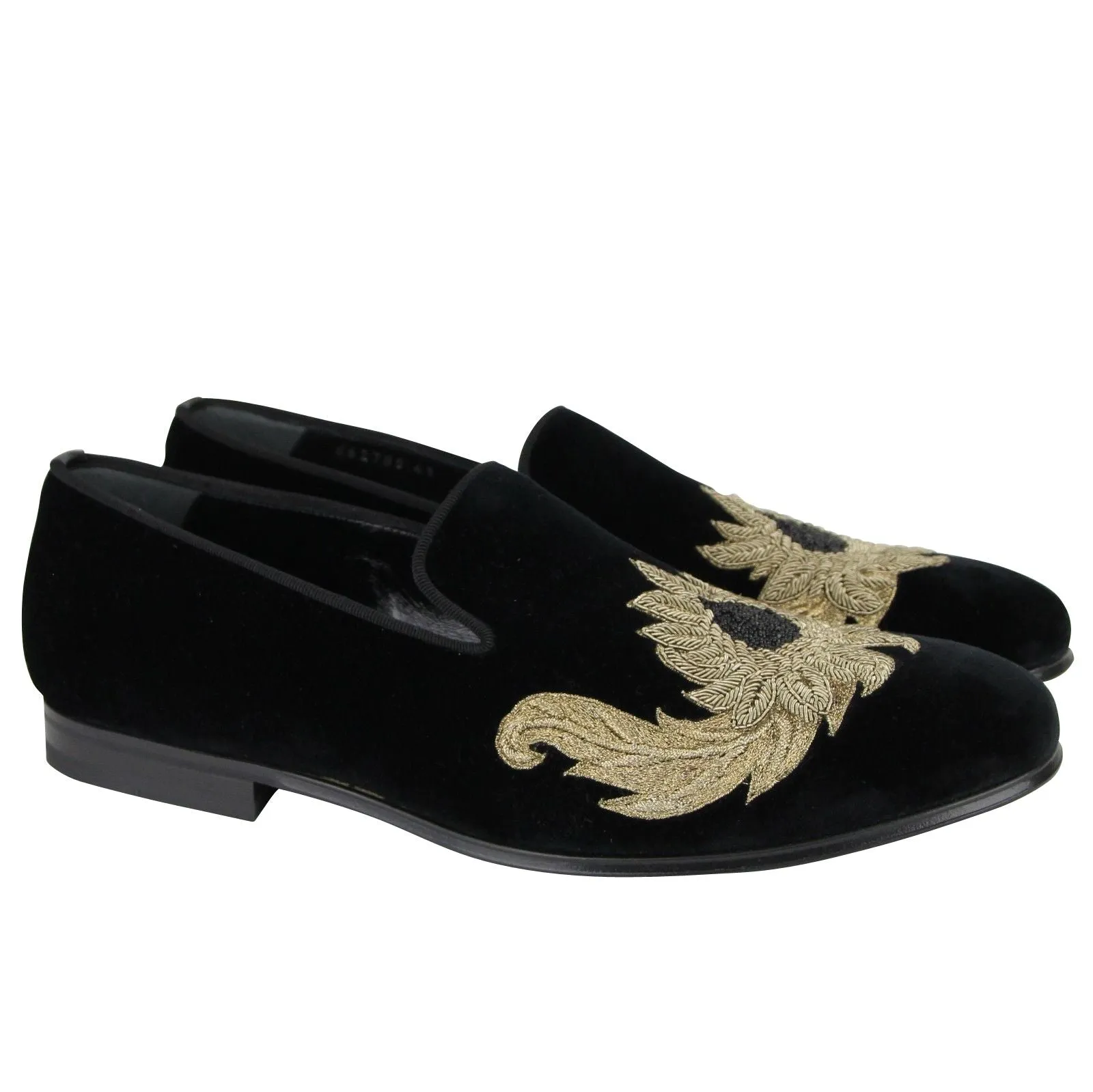 Alexander McQueen Alexander McQueen Men's Gold Embroidered Detail Black Velvet Slip On Shoes Crocs Stomp Loafers