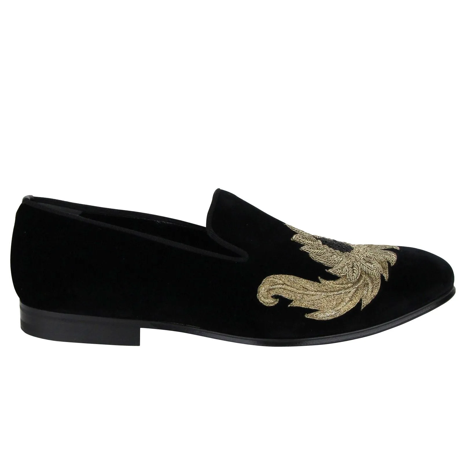 Vans Shoes Loafers Alexander McQueen Alexander McQueen Men's Gold Embroidered Detail Black Velvet Slip On Shoes