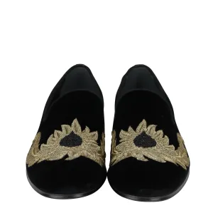 Safety Shoes Loafers Alexander McQueen Alexander McQueen Men's Gold Embroidered Detail Black Velvet Slip On Shoes