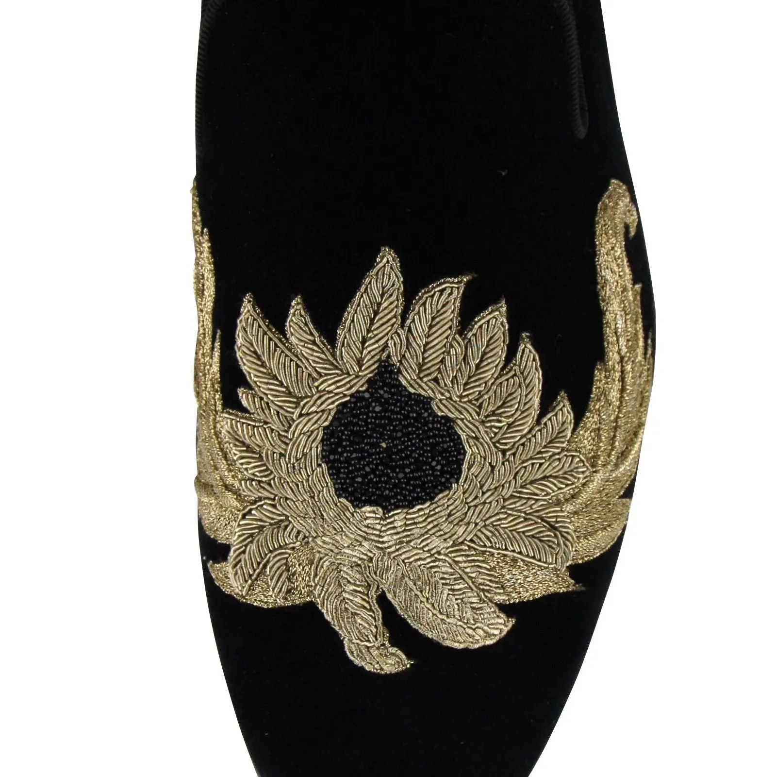 Alexander McQueen Alexander McQueen Men's Gold Embroidered Detail Black Velvet Slip On Shoes Belgian Loafers