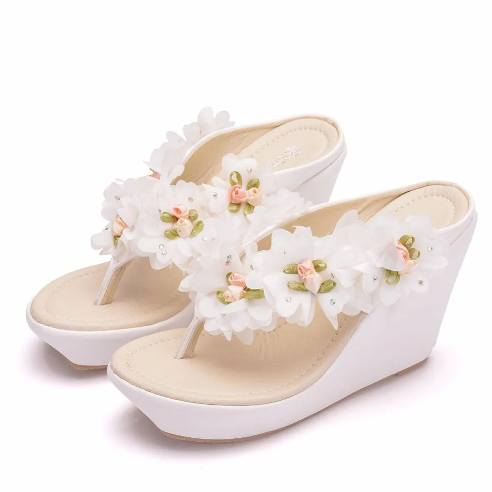 Primark Flip Flops Crystal Queen Women Slippers Summer White Color Lace Flower Style Beaches Flip Flops Platform Sandals Open-toed Casual Shoes
