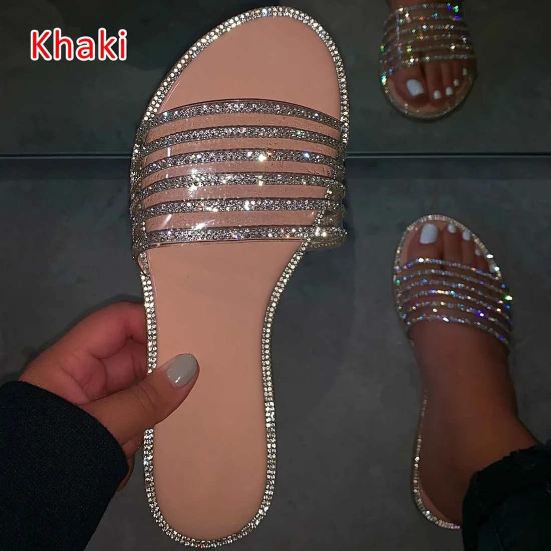Amozae- Glitter Slippers Women Summer Sandals Fashion Bling Female Color Flip Flops Beach Diamond Flat Shoes Outdoor Sandals 43 Pyramid Flip Flops Hawaii