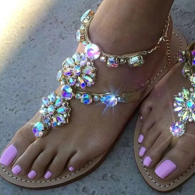 Amozae-Ladies Rhinestones Sandals Summer Beach Slippers for Women Sandals Flip Flops Ladies Crystal Beach Sliders Casual Slippers Shoes Flip Flops With Interchangeable Charms
