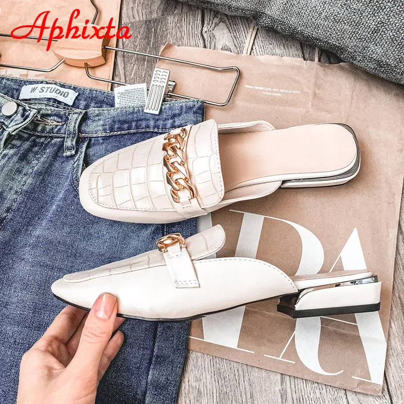 Aphixta 2022 New Chain Mules Women Slides Square Toe Ladies Striped Shoes Summer Fashion Footwear Plus Big Size 43 Slippers Benassi Slide Sandals