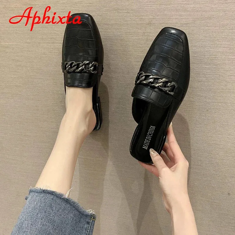 Aphixta 2022 New Chain Mules Women Slides Square Toe Ladies Striped Shoes Summer Fashion Footwear Plus Big Size 43 Slippers Ariat Slippers Nearby