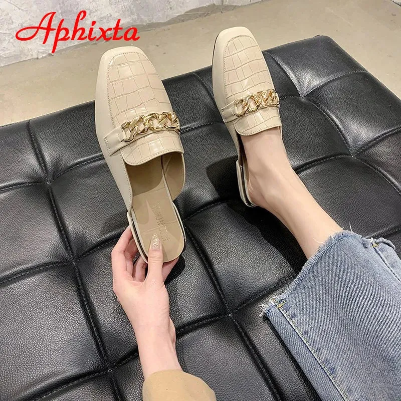 Aphixta 2022 New Chain Mules Women Slides Square Toe Ladies Striped Shoes Summer Fashion Footwear Plus Big Size 43 Slippers Bearpaw Boot Slippers
