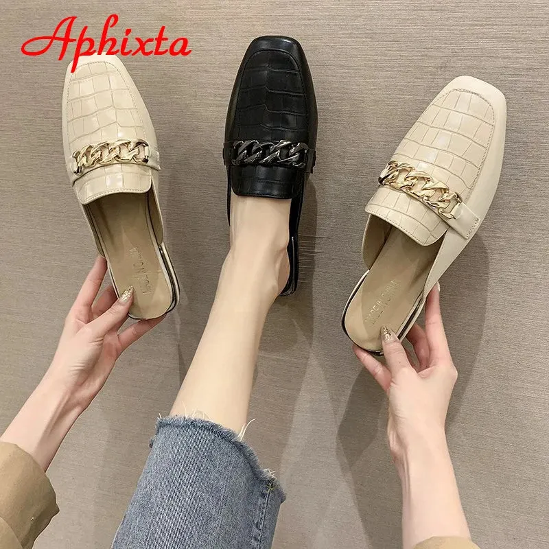 Aphixta 2022 New Chain Mules Women Slides Square Toe Ladies Striped Shoes Summer Fashion Footwear Plus Big Size 43 Slippers Ballet Slippers Clipart