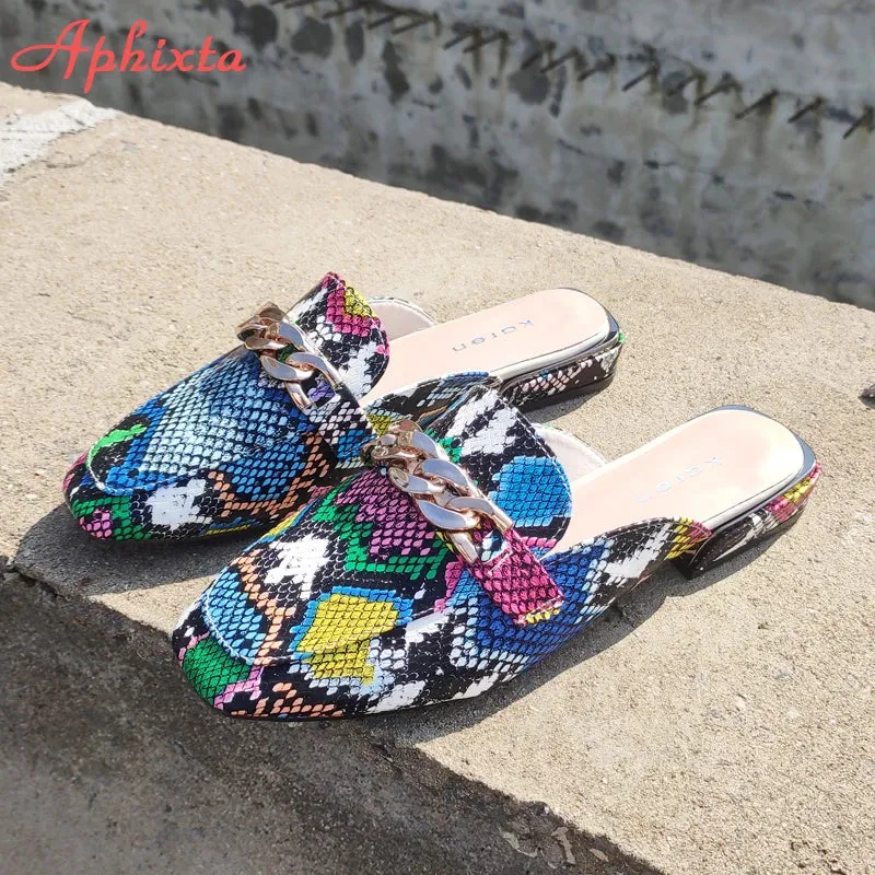 Aphixta 2022 New Chain Mules Women Slides Square Toe Ladies Striped Shoes Summer Fashion Footwear Plus Big Size 43 Slippers Moma Slippers