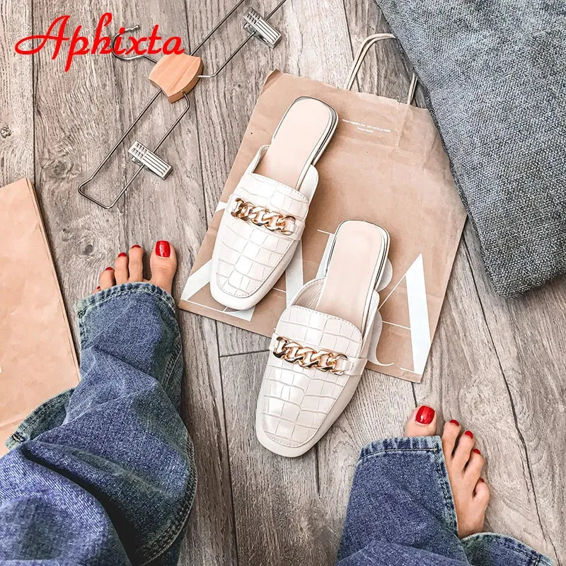 Baguette Slides Aphixta 2022 New Chain Mules Women Slides Square Toe Ladies Striped Shoes Summer Fashion Footwear Plus Big Size 43 Slippers