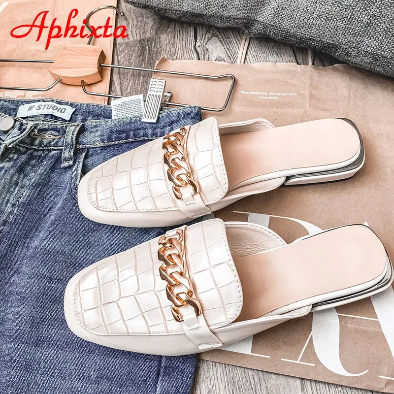 Aphixta 2022 New Chain Mules Women Slides Square Toe Ladies Striped Shoes Summer Fashion Footwear Plus Big Size 43 Slippers Cowgirl Slippers