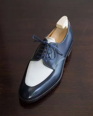 Beautiful Handmade Men Two Tone Blue & White Leather Formal Shoes, Men Spectator Shoes Flat Thin Sole Shoes