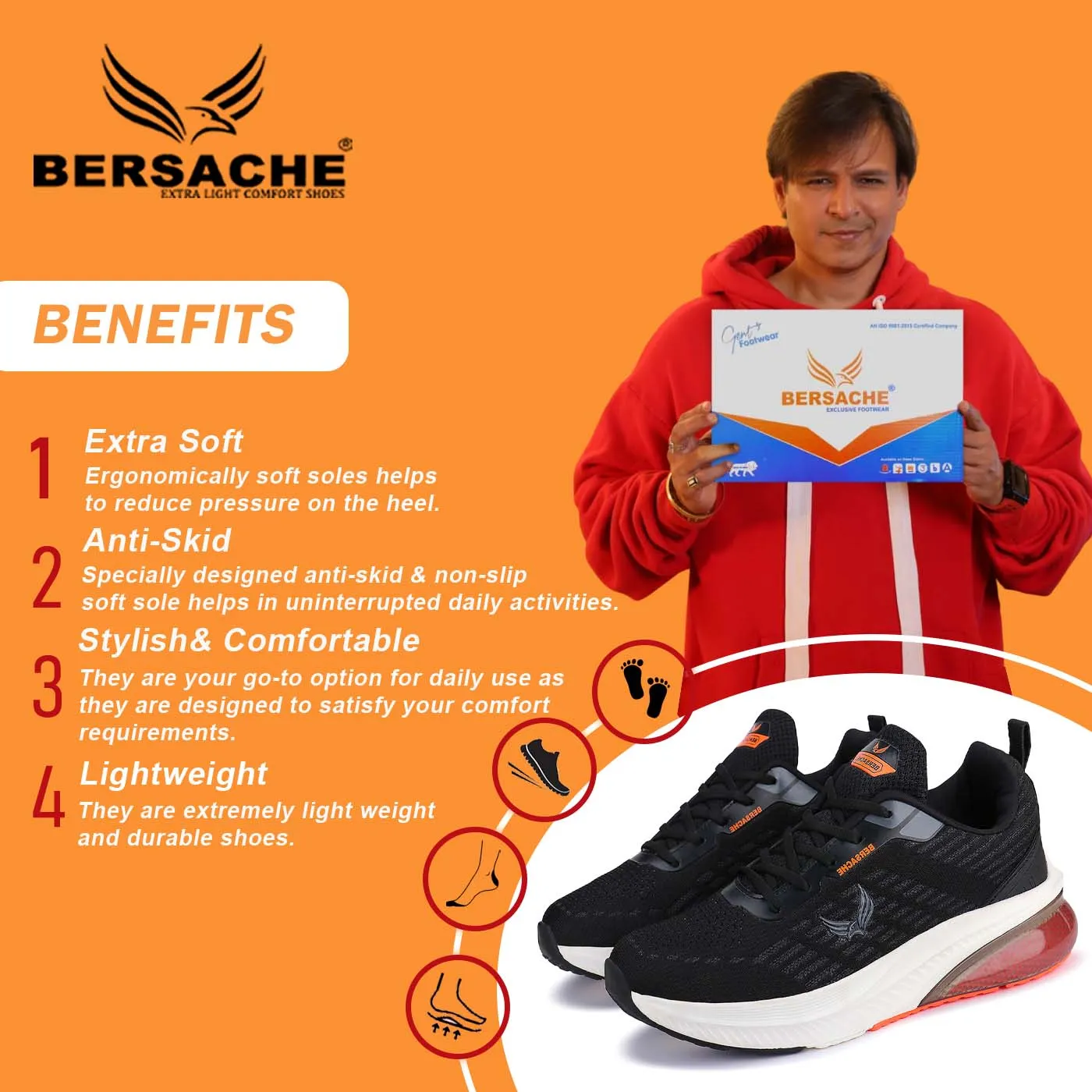 Bersache  Sports Running  Shoes For Men (Black) - 9074 Slippers With Name