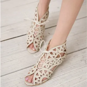 Big Size 31-43 Fashion Cutouts Lace Up Women Sandals Open Toe Low Wedges Bohemian Summer Shoes Beach shoes women AA516 Sandals With Toes Covered