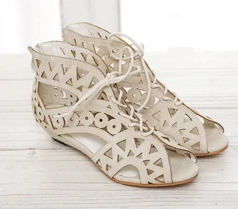 Big Size 31-43 Fashion Cutouts Lace Up Women Sandals Open Toe Low Wedges Bohemian Summer Shoes Beach shoes women AA516 Dunnet Flower Sandals