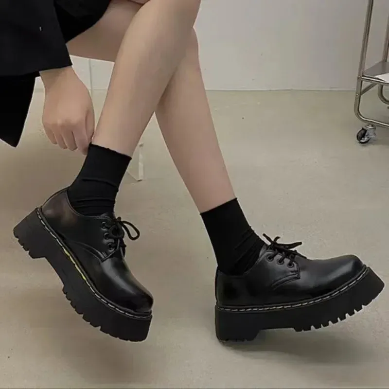binfenxie  -  Black Platform Mary Jane Shoes Lace Up Round Toe Casual Small Leather Shoes Summer Loafers New Versatile Kawaii Women Shoes Loafers Dsw