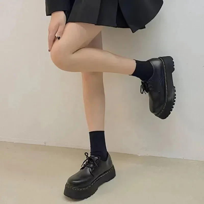 binfenxie  -  Black Platform Mary Jane Shoes Lace Up Round Toe Casual Small Leather Shoes Summer Loafers New Versatile Kawaii Women Shoes Fall Loafers 2024
