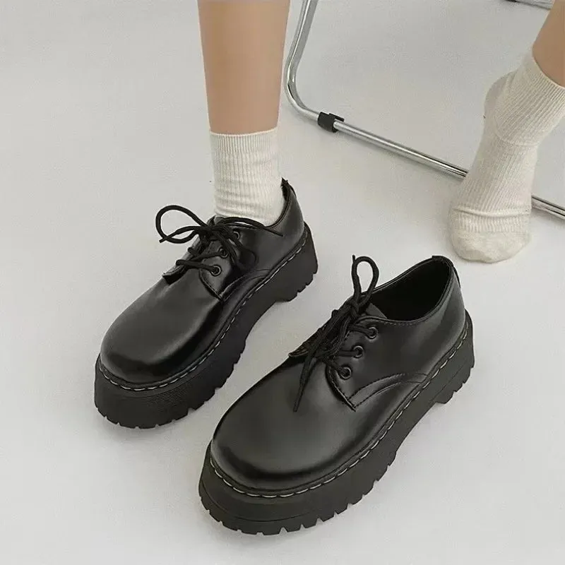 Only Loafers binfenxie  -  Black Platform Mary Jane Shoes Lace Up Round Toe Casual Small Leather Shoes Summer Loafers New Versatile Kawaii Women Shoes