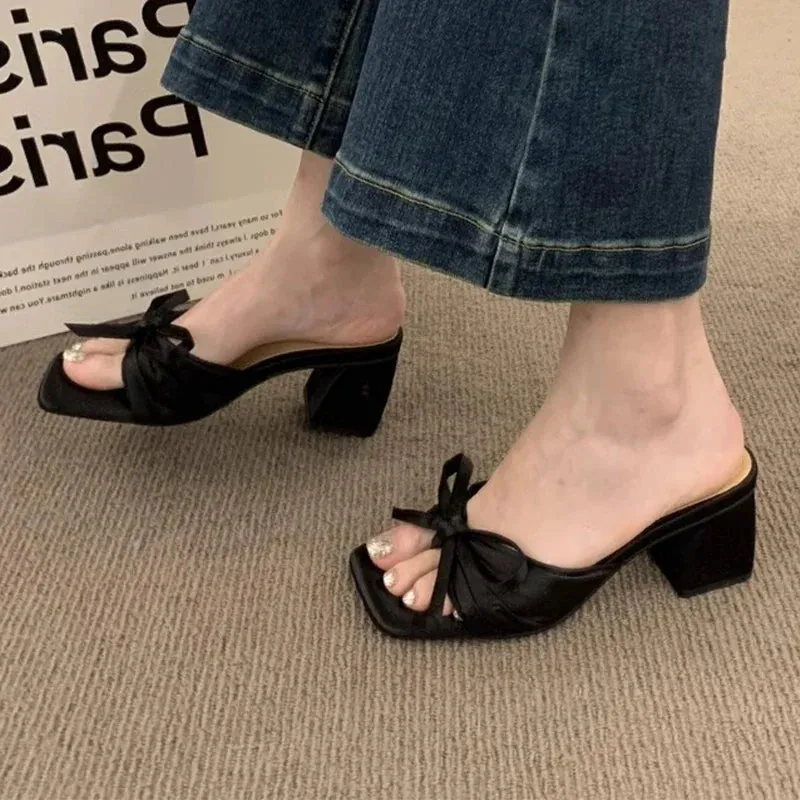 binfenxie  -  Bow Chunky Summer Shoes 2024 New Sexy High Heels Women Slippers Sandals Designer Flip Flops Open Toe Party Shoes Pumps Slides Best Recovery Flip Flops