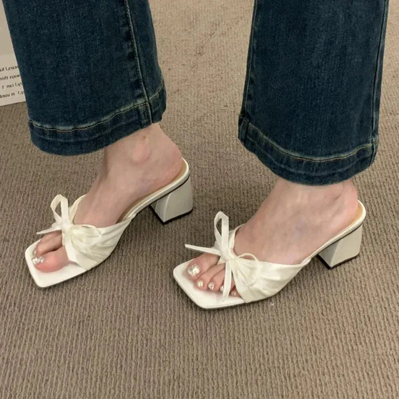 binfenxie  -  Bow Chunky Summer Shoes 2024 New Sexy High Heels Women Slippers Sandals Designer Flip Flops Open Toe Party Shoes Pumps Slides Horrible Toes In Flip Flops