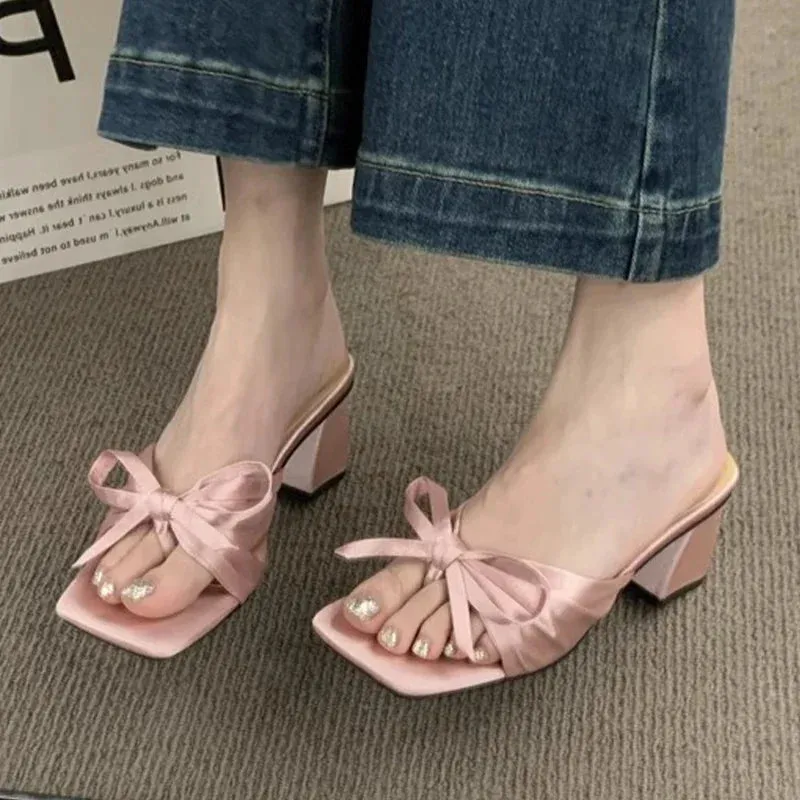 binfenxie  -  Bow Chunky Summer Shoes 2024 New Sexy High Heels Women Slippers Sandals Designer Flip Flops Open Toe Party Shoes Pumps Slides Bottle Cap Flip Flops