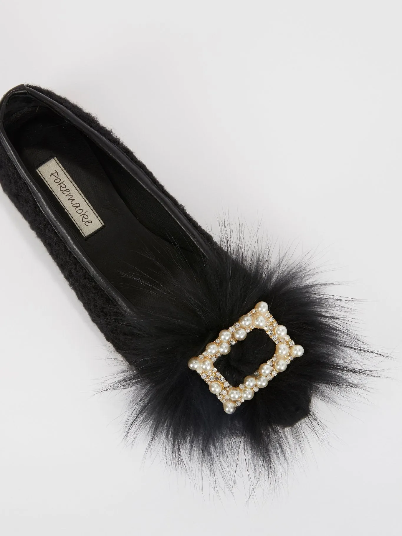 Leather Loafers Women Black Embellished Sheep Fur Loafers