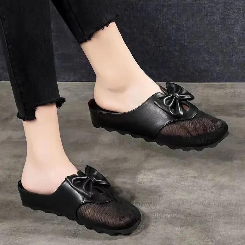 Bow Bliss Leather Mesh Summer Slippers Slippers Shearling