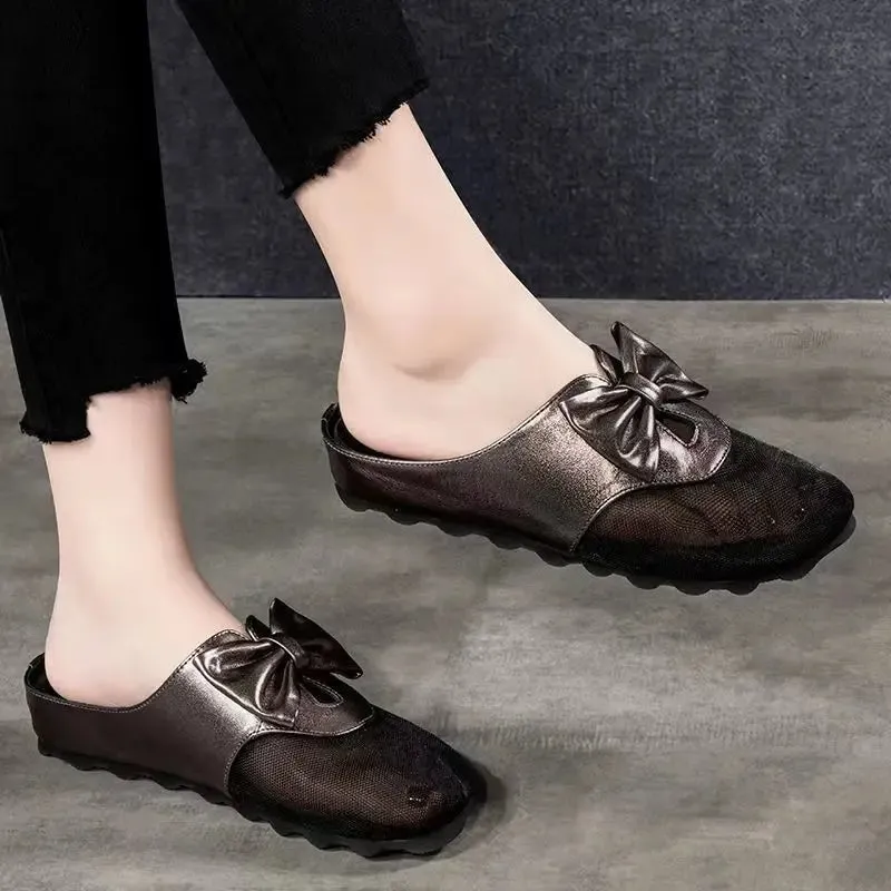 Espadrille Slide Sandals Bow Bliss Leather Mesh Summer Slippers