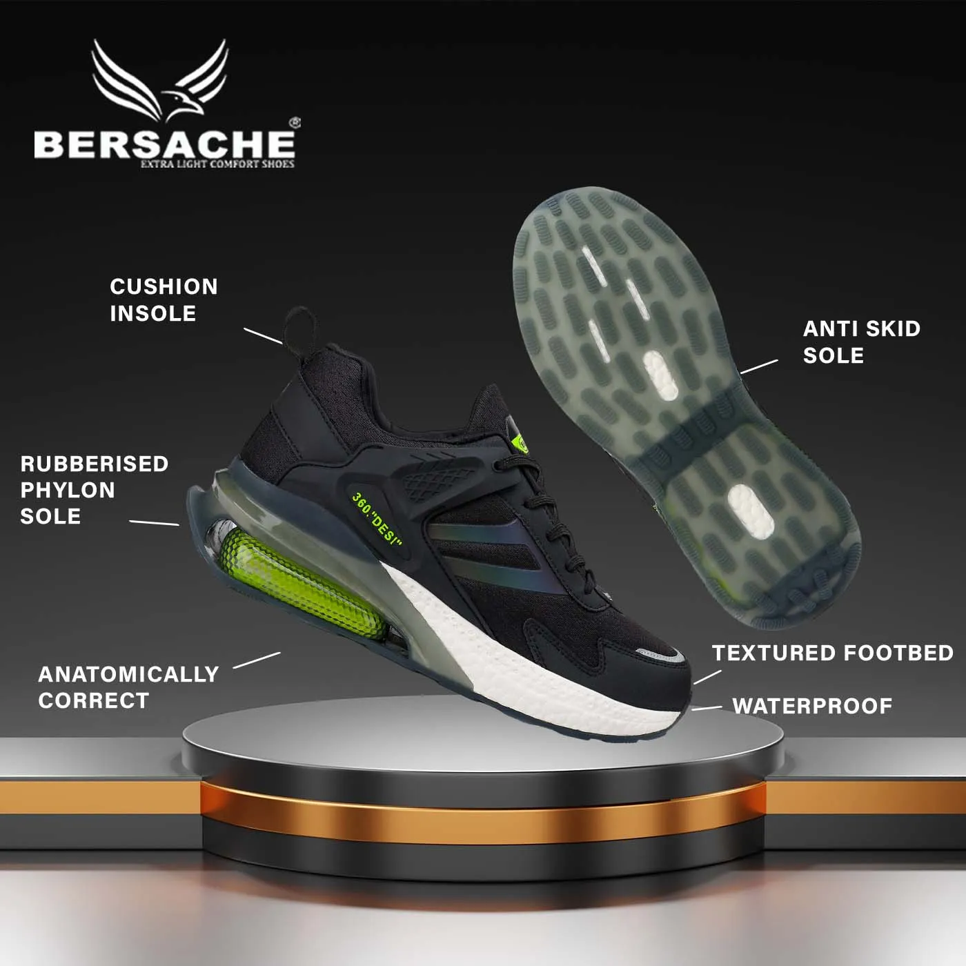 Bersache Lightweight Sports Running Walking Trekking Shoes For Men(Black-Green-9076) Moozy Slitters