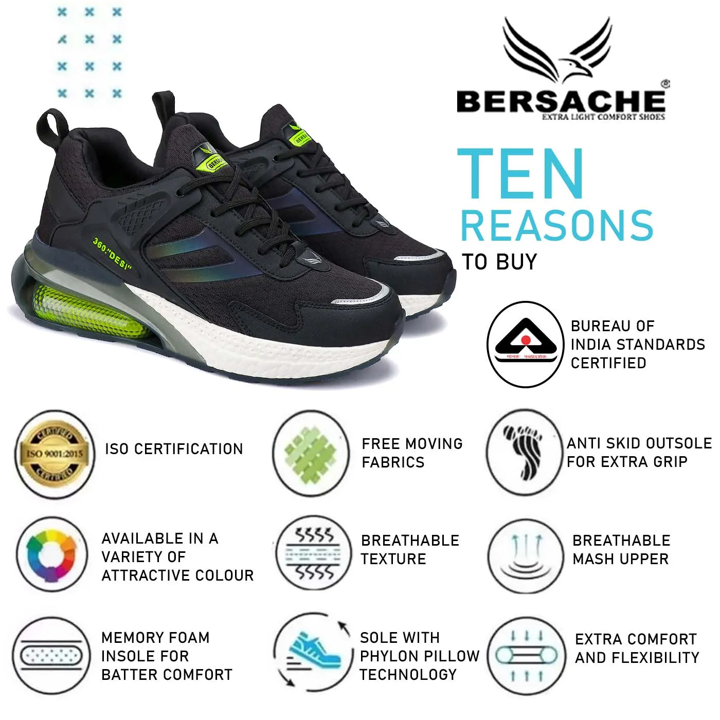 Bersache Lightweight Sports Running Walking Trekking Shoes For Men(Black-Green-9076) Pooh Slippers