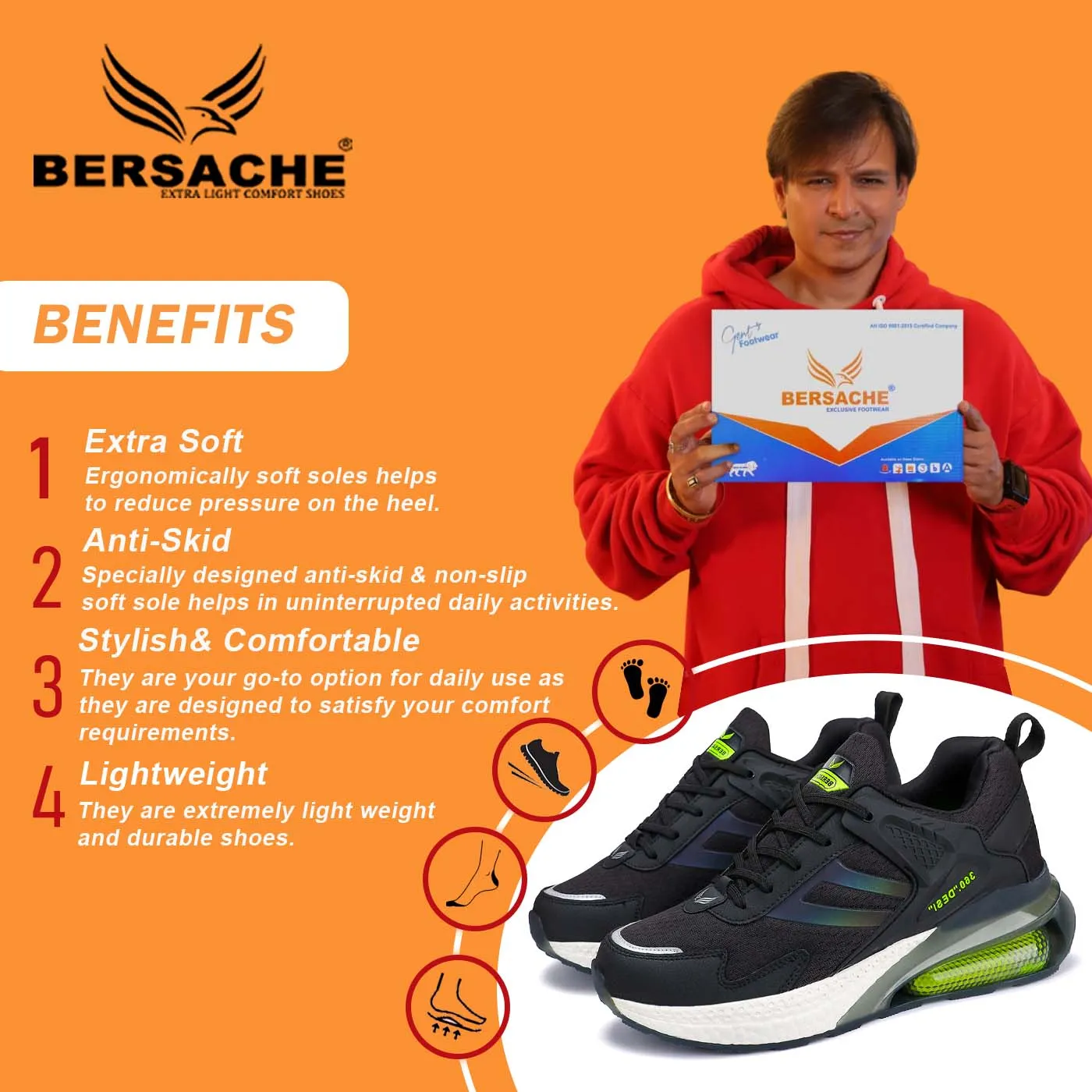 Ballet Slippers As Shoes Bersache Lightweight Sports Running Walking Trekking Shoes For Men(Black-Green-9076)