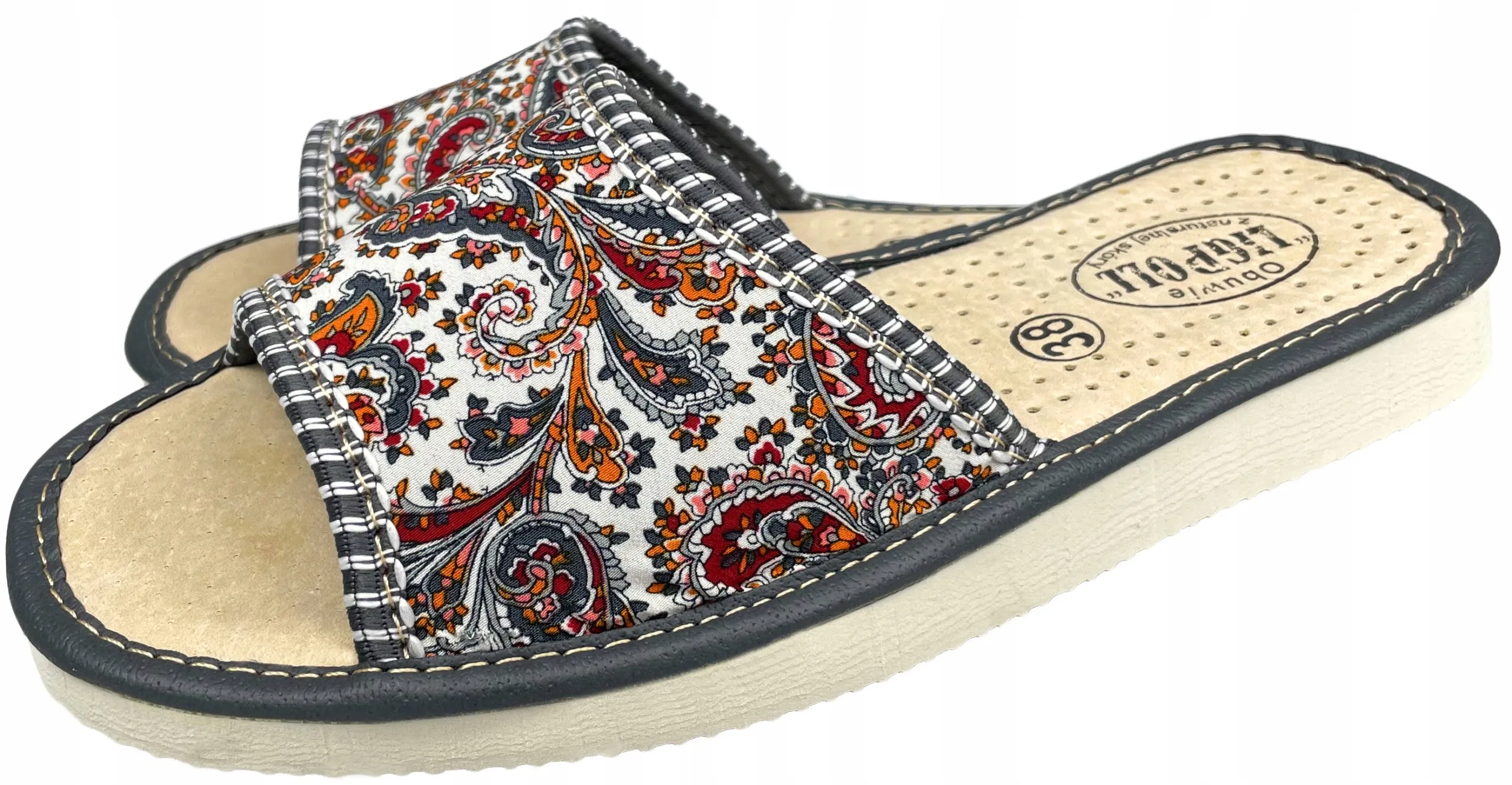 Wool Slippers Rubber Sole Women's Open Toe Slippers with Folk Pattern | 090