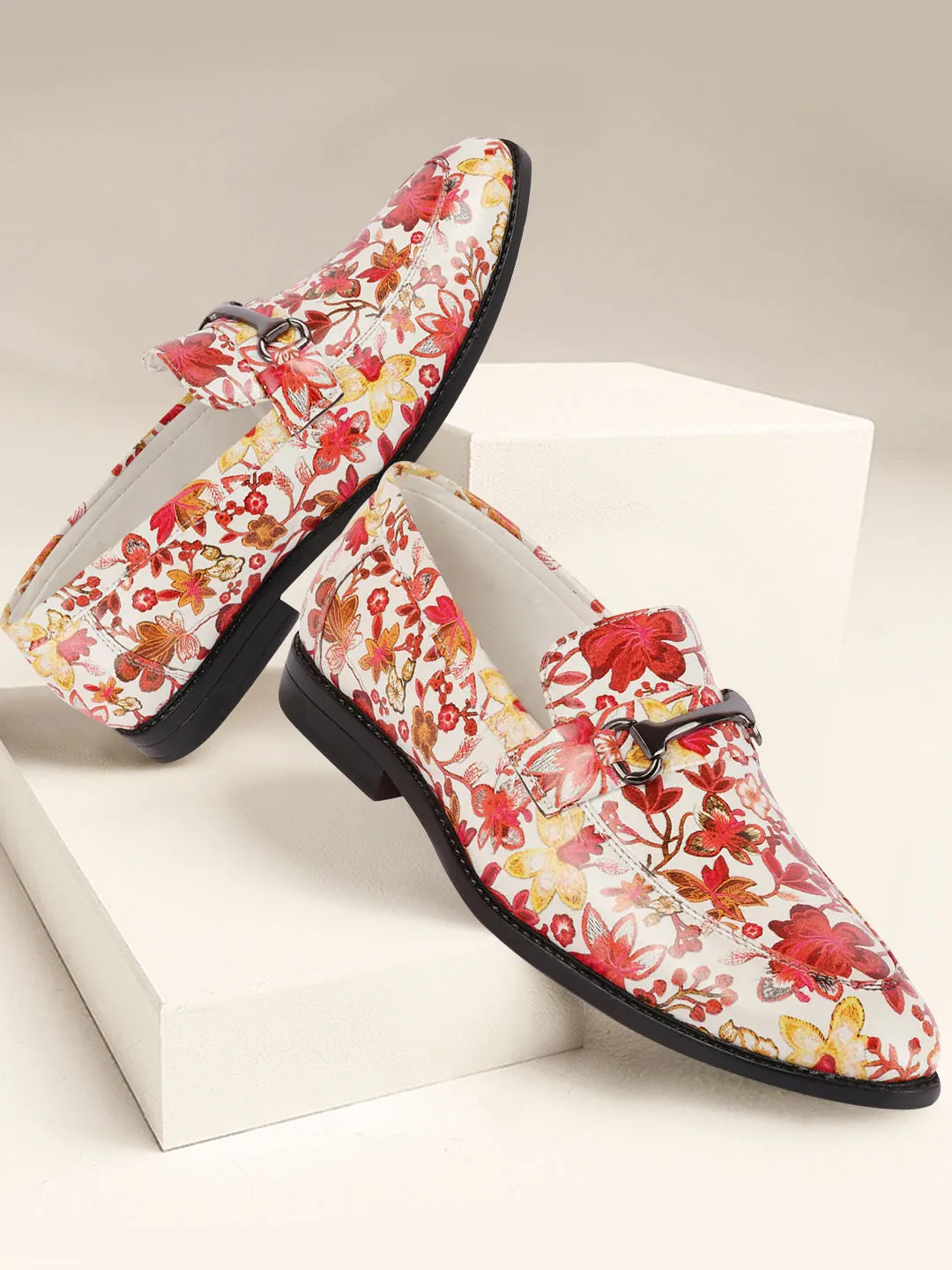 Men Red Floral Print Horsebit Buckle Weekend Wedding Evening Party Shoes Loafers Penny Loafers Axis Jinx