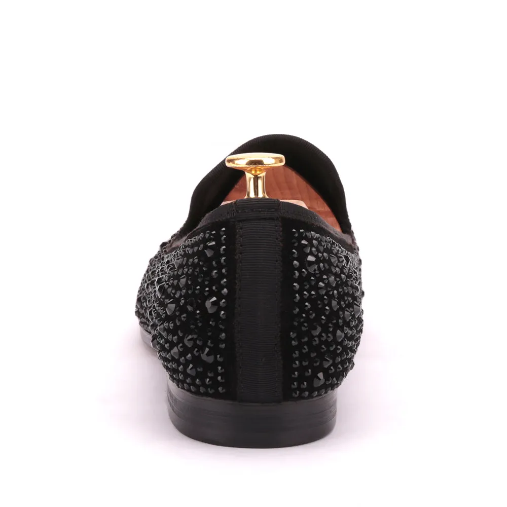 Puffer Slides OneDrop Handmade Men Dress Shoes Suede Rhinestone Crystal Slippers Prom Wedding Party Loafers