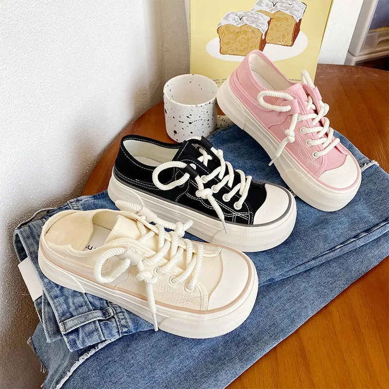 Chicmy Women's Canvas Sneakers 2023 Vintage Mango Toe Flat Shoes Slipper for Women Round Toe Casual Ladies Vulcanize Shoes Board Shoes Bleaching Sneakers