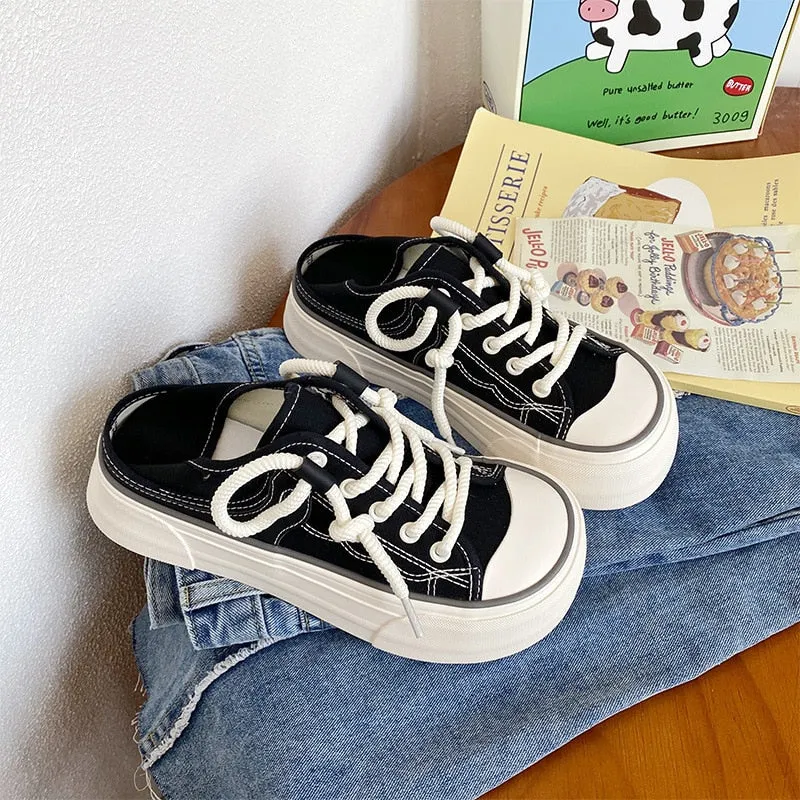 Biodegradable Sneakers Chicmy Women's Canvas Sneakers 2023 Vintage Mango Toe Flat Shoes Slipper for Women Round Toe Casual Ladies Vulcanize Shoes Board Shoes