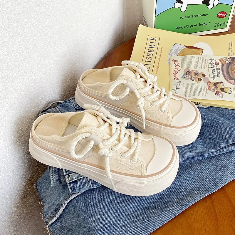 Chicmy Women's Canvas Sneakers 2023 Vintage Mango Toe Flat Shoes Slipper for Women Round Toe Casual Ladies Vulcanize Shoes Board Shoes Running Sneakers Arch Support