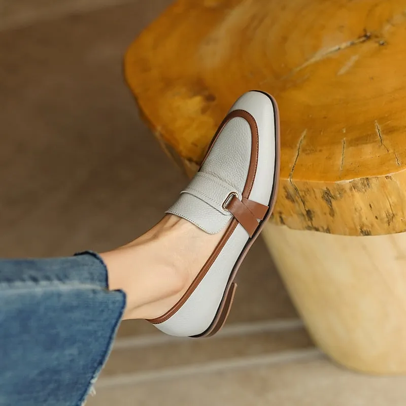 Loafers Wide Feet Purpdrank - Spring Genuine Leather Women Shoes Retro Slip-On Loafers Mixed Colors Shoes Square Toe Shoes Woman Zapatos De Mujer Flats