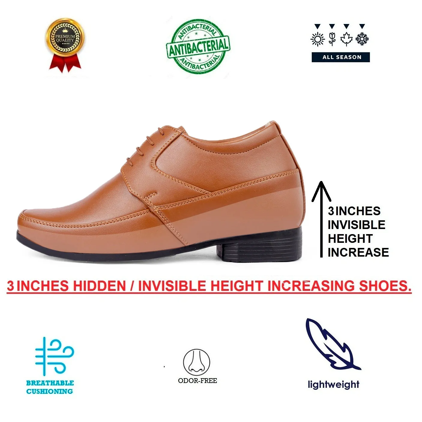 BXXY 9 cm (3 Inch) Hidden Height Increasing Elevator Lace-Up Formal Shoes for Men Wedge Slide Sandals