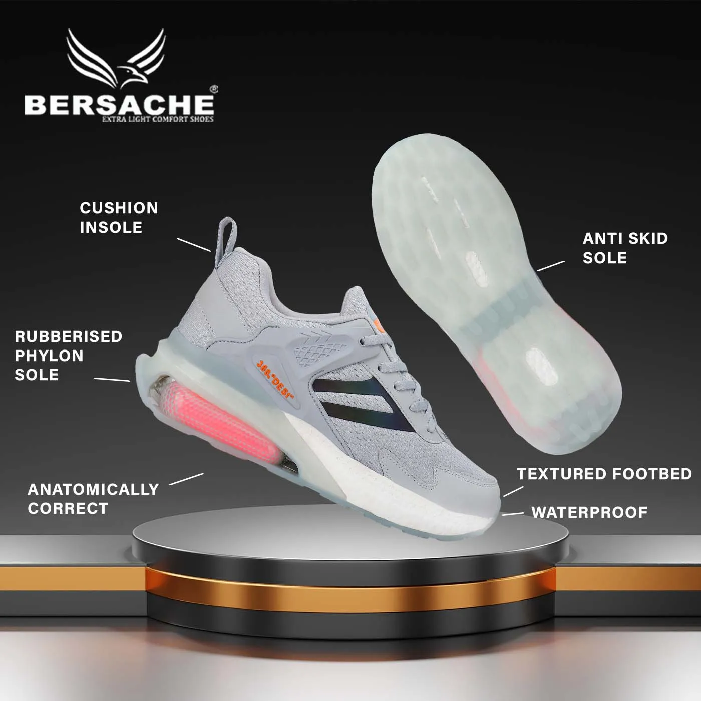 Everlasting Slippers Bersache Lightweight Sports Running Walking Trekking Shoes For Men(Grey-9077)