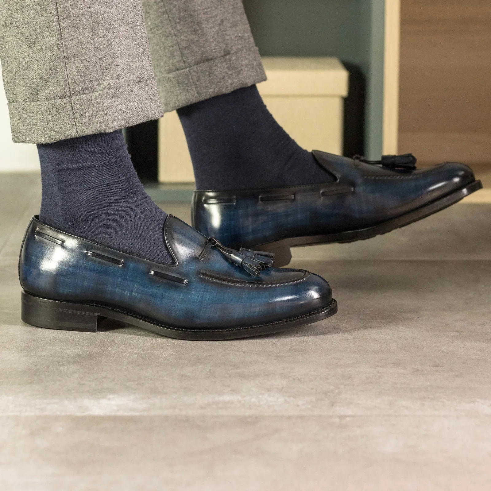 Men's Loafer Shoes Patina Leather Goodyear Welt Wide Plus Size Blue 5253 Best Work Boots For Concrete Workers