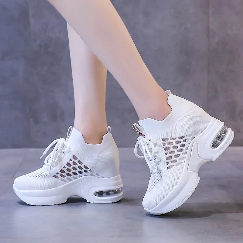 Shushop Sneakers Breathable Mesh Sneakers Summer 9CM Hollow Out Sport White Shoes Woman Wedge Casual Chunky Shoes High Platform Dad Shoe Mujer